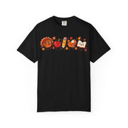 Thanksgiving teacher shirt for men with a turkey, apple, pencil, pie and book design