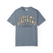 Blue Jean I Love My Girlfriend Est. Since I Met Her shirt in vintage varsity lettering, Comfort Colors tee