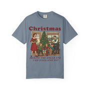 Blue Jean Women's Decking the Halls vintage Christmas shirt with a retro family holiday scene