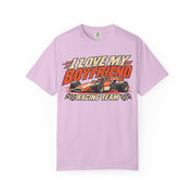 Orchid purple I Love My Boyfriend racing team shirt with vintage motorsport print, Comfort Colors tee