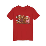 Red Kids Highland Cow Christmas shirt with highland cows in Santa hats and holiday sweaters, youth tee