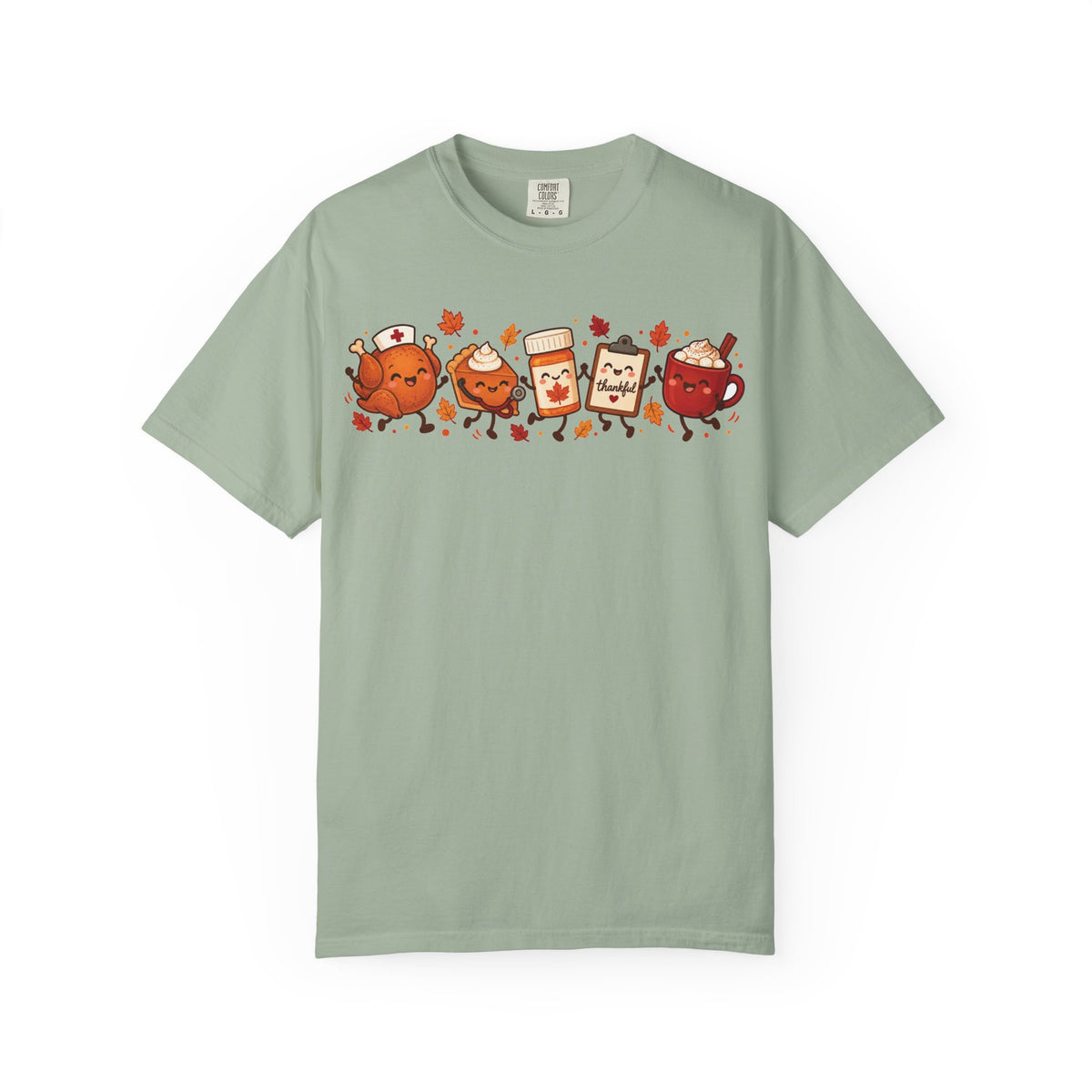 Thanksgiving nurse shirt for men with a turkey, pie, clipboard and mug design