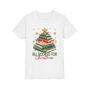 White Kids All Booked for Christmas shirt with a Christmas tree made of books, youth tee