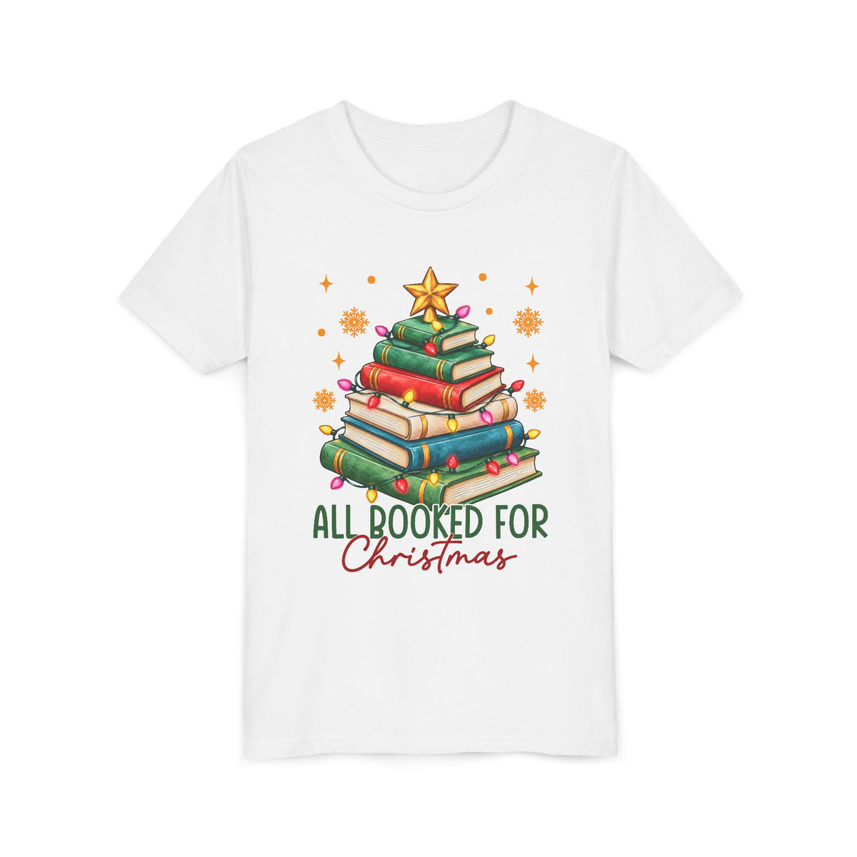 White Kids All Booked for Christmas shirt with a Christmas tree made of books, youth tee
