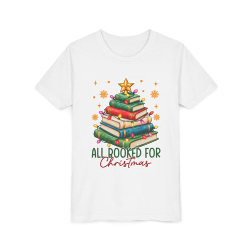 White Kids All Booked for Christmas shirt with a Christmas tree made of books, youth tee