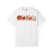 Thanksgiving teacher shirt for men with a turkey, apple, pencil, pie and book design