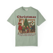 Bay Women's Decking the Halls vintage Christmas shirt with a retro family holiday scene