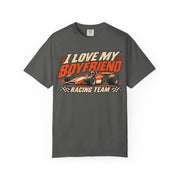 Pepper I Love My Boyfriend racing team shirt with vintage motorsport print, Comfort Colors tee