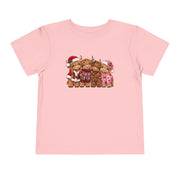 Pink Toddler Highland Cow Christmas shirt with highland cows in Santa hats and holiday sweaters
