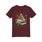 Maroon Kids All Booked for Christmas shirt with a Christmas tree made of books, youth tee