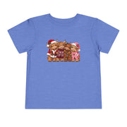 Heather Columbia Blue Toddler Highland Cow Christmas shirt with highland cows in Santa hats and holiday sweaters