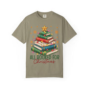 Sandstone Women's All Booked for Christmas shirt with a Christmas tree made of books, Comfort Colors tee
