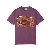 Berry Women's Highland Cow Christmas shirt with highland cows in Santa hats and holiday sweaters, Comfort Colors tee