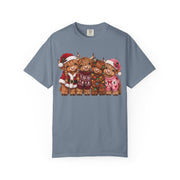 Blue Jean Women's Highland Cow Christmas shirt with highland cows in Santa hats and holiday sweaters, Comfort Colors tee