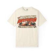 Ivory I Love My Boyfriend racing team shirt with vintage motorsport print, Comfort Colors tee