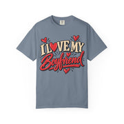 Blue Jean I heart my boyfriend shirt, retro script with a heart in place of the O, Comfort Colors tee