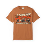 Yam orange I Love My Girlfriend racing team shirt with vintage motorsport print, Comfort Colors tee