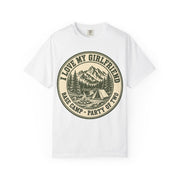 White I Love My Girlfriend shirt with vintage camping badge print, Comfort Colors tee