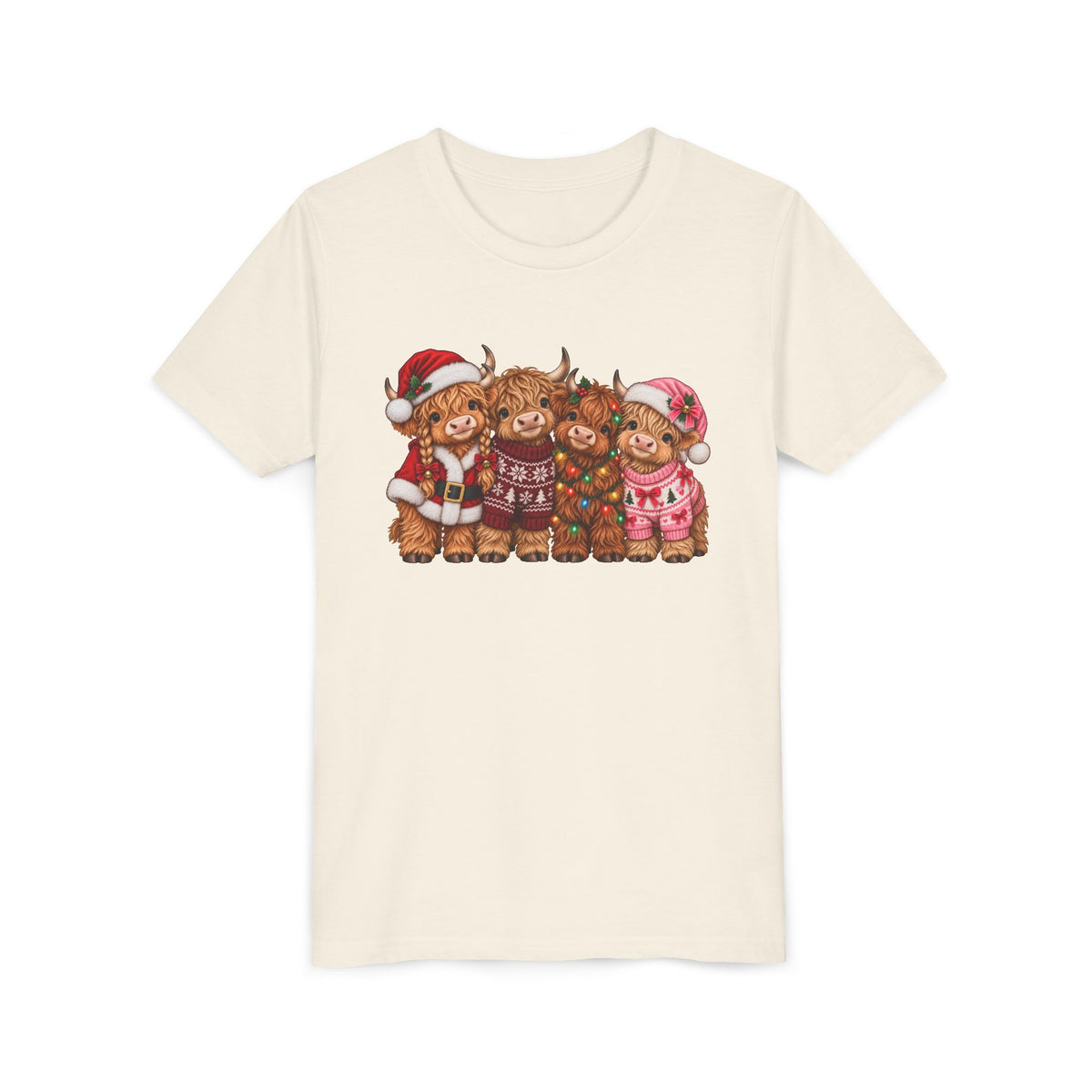 Kids Highland Cow Christmas shirt with highland cows in Santa hats and holiday sweaters
