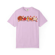 Thanksgiving teacher shirt for women with a turkey, apple, pencil, pie and book design