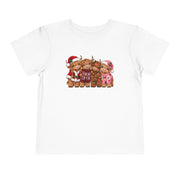 White Toddler Highland Cow Christmas shirt with highland cows in Santa hats and holiday sweaters