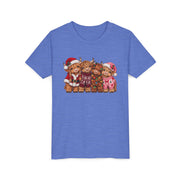 Heather Columbia Blue Kids Highland Cow Christmas shirt with highland cows in Santa hats and holiday sweaters, youth tee