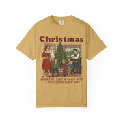 Mustard Men's Decking the Halls Christmas shirt with a vintage family holiday scene