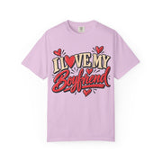 Orchid purple I heart my boyfriend shirt, retro script with a heart in place of the O, Comfort Colors tee