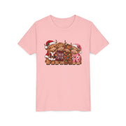 Pink Kids Highland Cow Christmas shirt with highland cows in Santa hats and holiday sweaters, youth tee