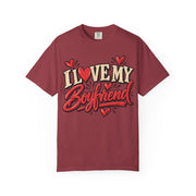 Chili red I heart my boyfriend shirt, retro script with a heart in place of the O, Comfort Colors tee