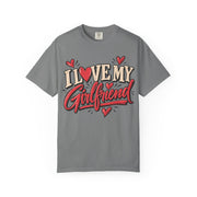 Grey I heart my girlfriend shirt, retro script with a heart in place of the O, Comfort Colors tee