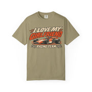 Khaki I Love My Girlfriend racing team shirt with vintage motorsport print, Comfort Colors tee