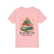 Pink Kids All Booked for Christmas shirt with a Christmas tree made of books, youth tee