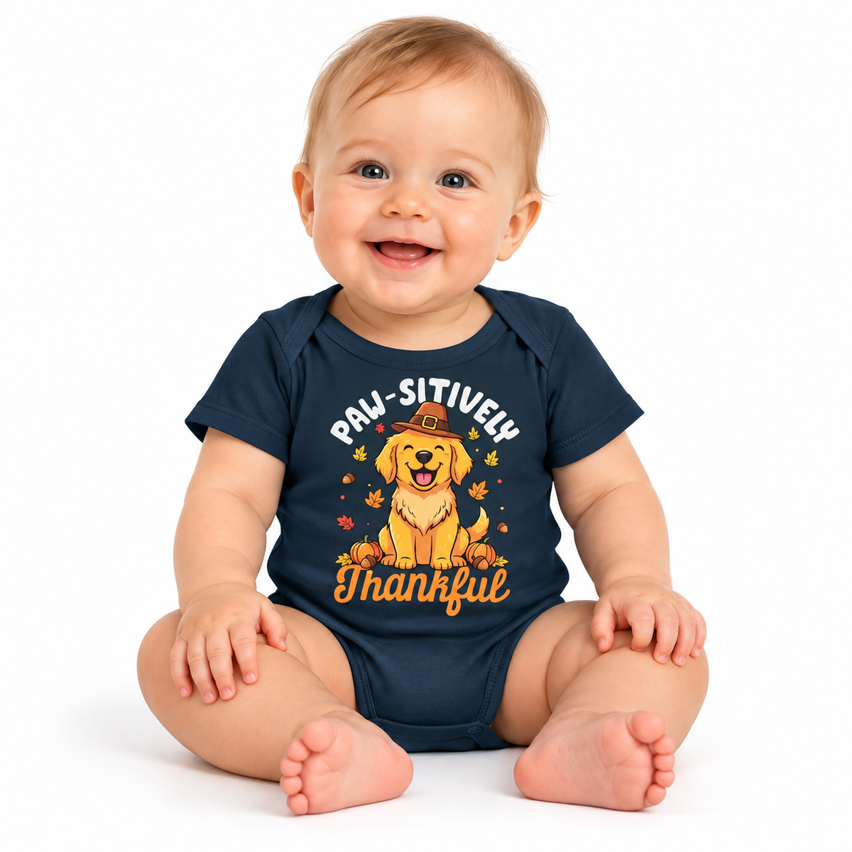 Baby wearing the Paw-sitively Thankful dog Thanksgiving bodysuit