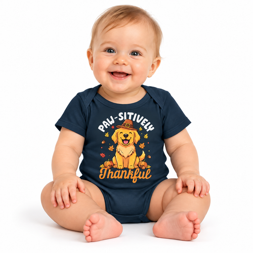 Baby wearing the Paw-sitively Thankful dog Thanksgiving bodysuit