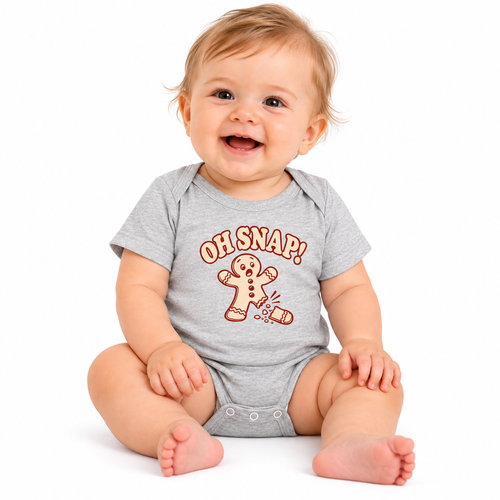 Baby wearing the Oh Snap gingerbread Christmas bodysuit