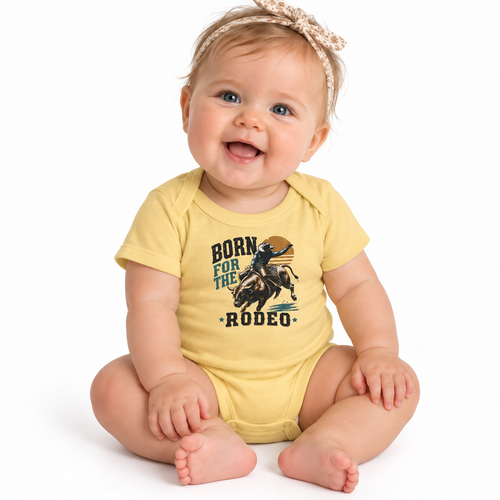 Baby wearing the Born for the Rodeo Bodysuit in a lifestyle photo
