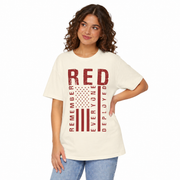 RED Remember Everyone Deployed print on a garment-dyed women's shirt