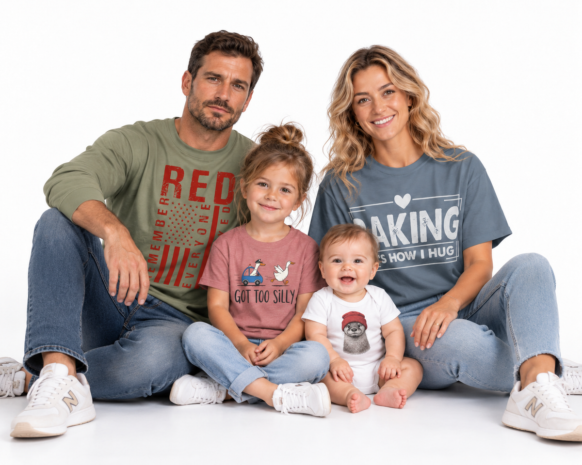 A family wearing graphic tees