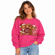 Woman wearing the Highland Cow Christmas crewneck sweatshirt