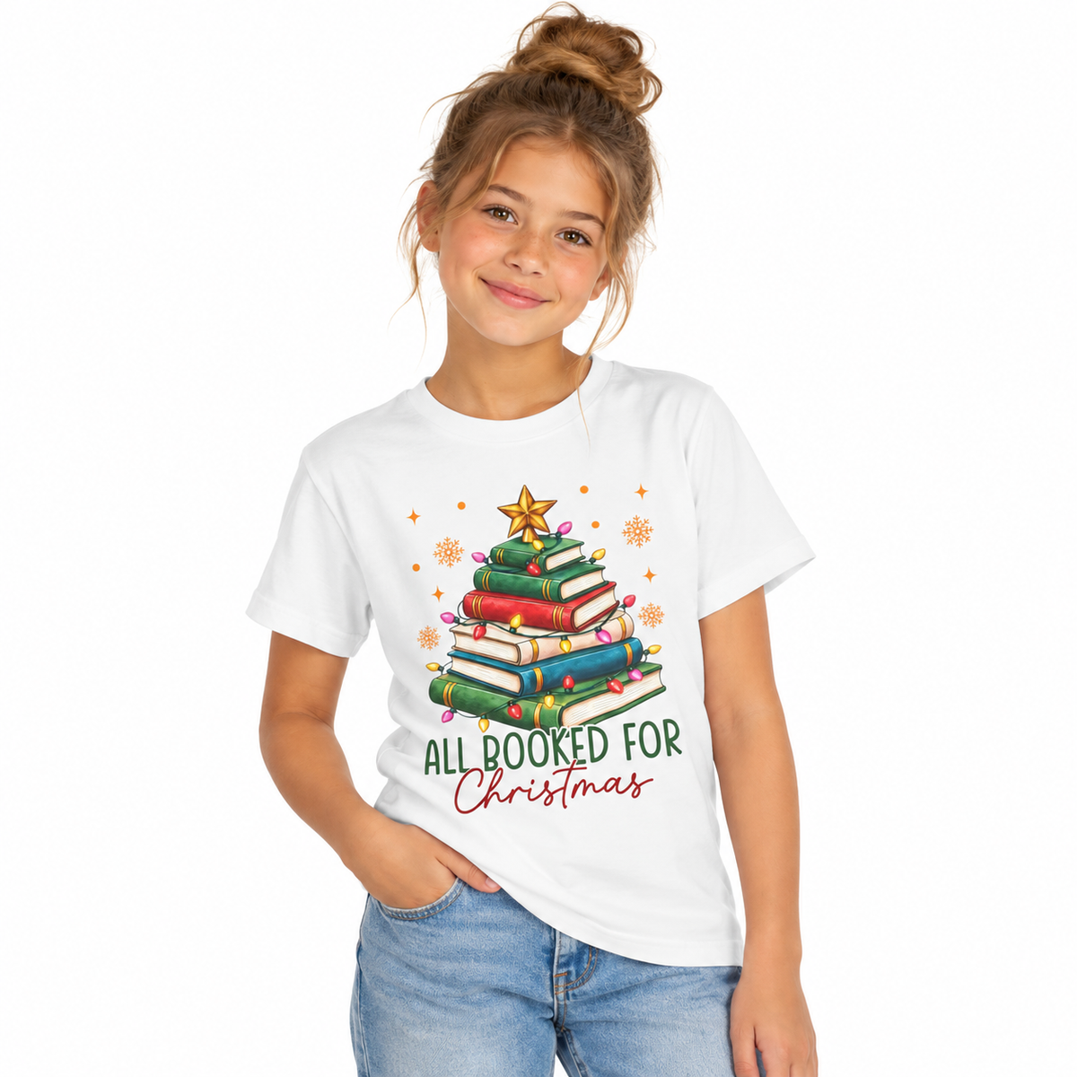 Kids All Booked for Christmas shirt with a festive Christmas tree made of books