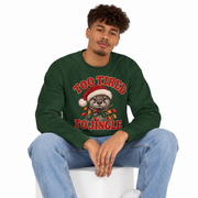 Man wearing the Too Tired to Jingle otter Christmas sweatshirt