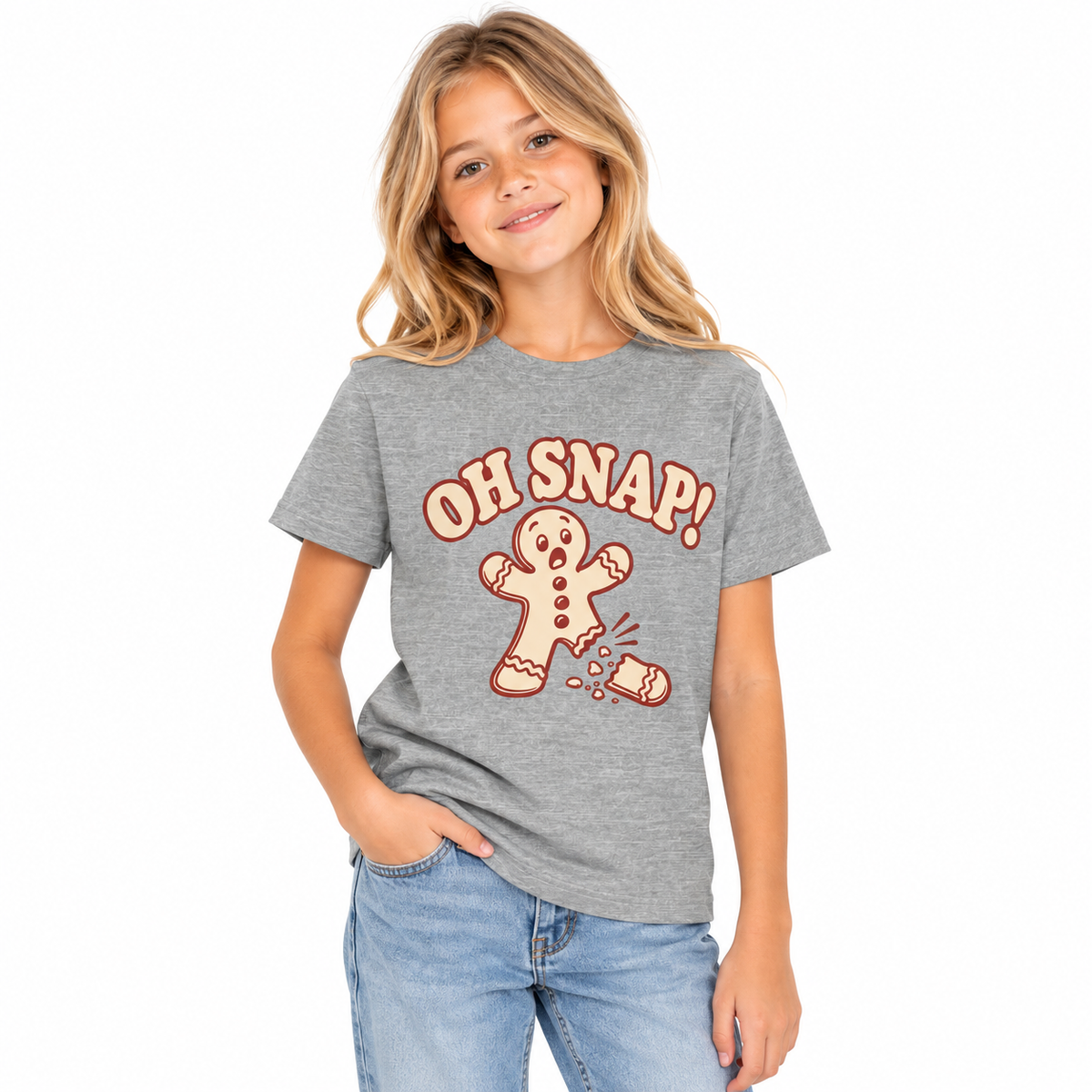 Girl wearing the kids Oh Snap gingerbread Christmas shirt