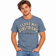 Young man wearing the vintage varsity I Love My Girlfriend shirt