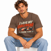 Young man wearing the I Love My Girlfriend vintage racing team shirt