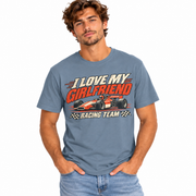Man wearing the vintage racing graphic I Love My Girlfriend shirt