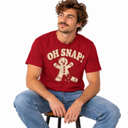 Man wearing the Oh Snap gingerbread Christmas shirt