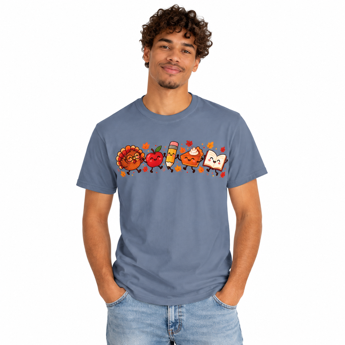 Man wearing the Thanksgiving teacher shirt
