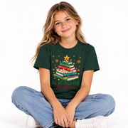 Girl wearing the Kids All Booked for Christmas shirt