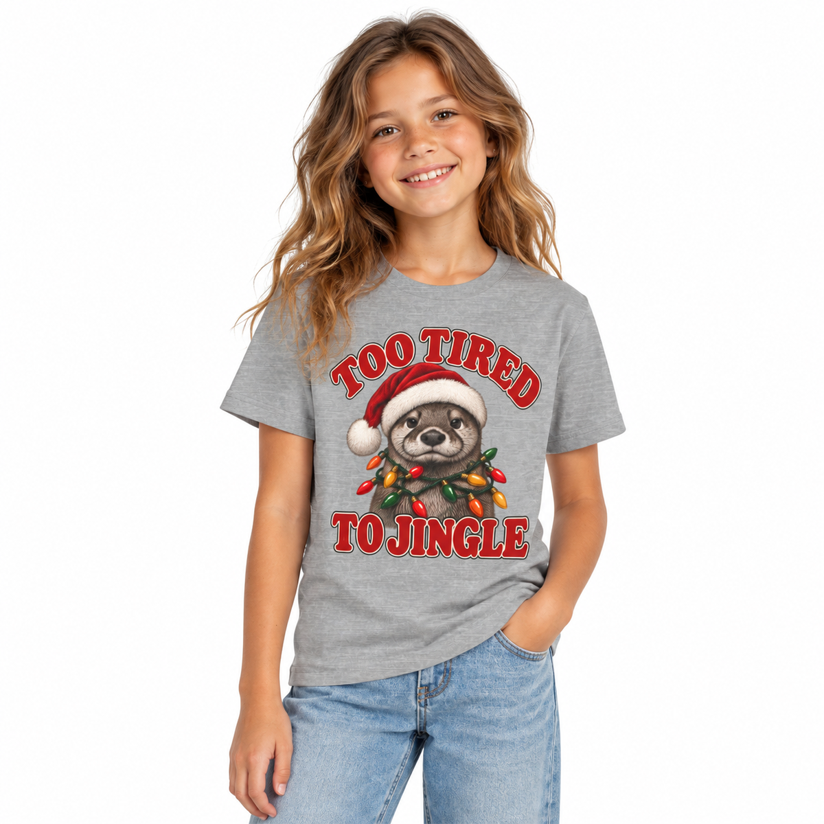 Girl wearing the kids Too Tired to Jingle otter Christmas shirt